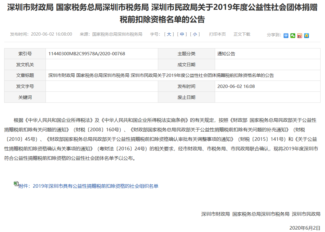 阿乐善基金会获2019年度深圳市公益性捐赠税前扣除资格(图1)